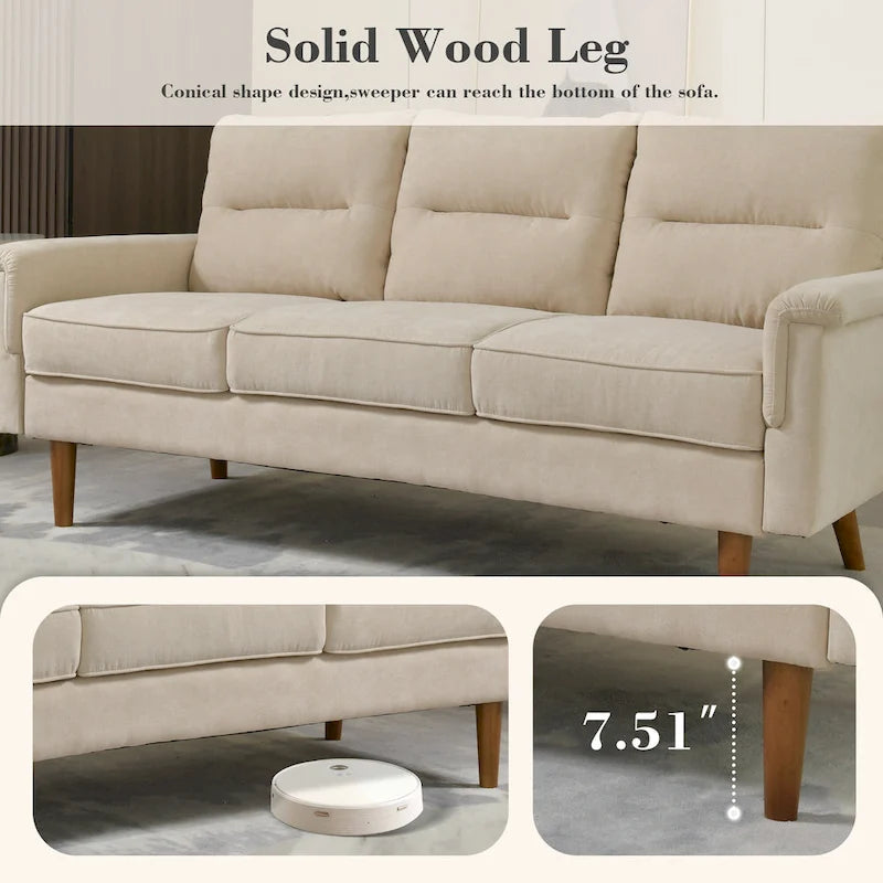 Mid-Century Modern Faux Leather Sofa with Wood Legs