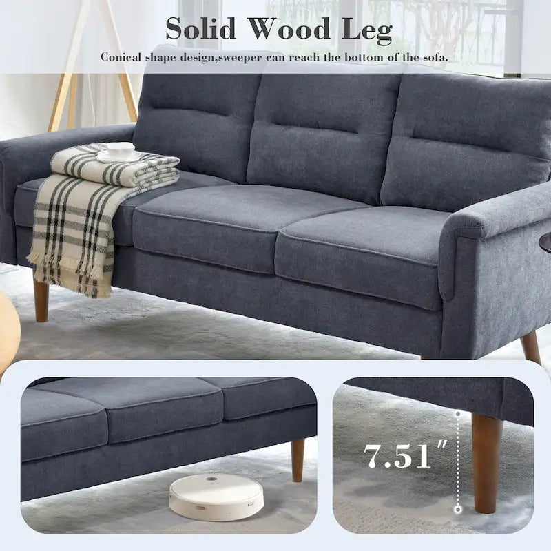 Mid-Century Modern Faux Leather Sofa with Wood Legs