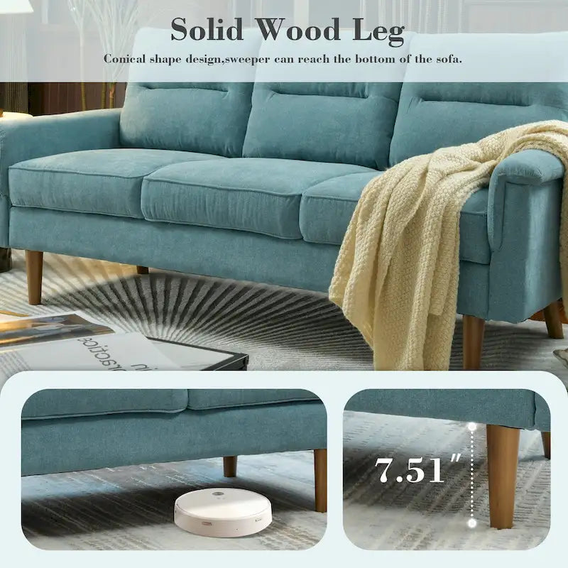 Mid-Century Modern Faux Leather Sofa with Wood Legs