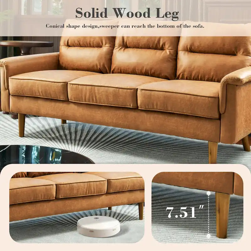 Mid-Century Modern Faux Leather Sofa with Wood Legs