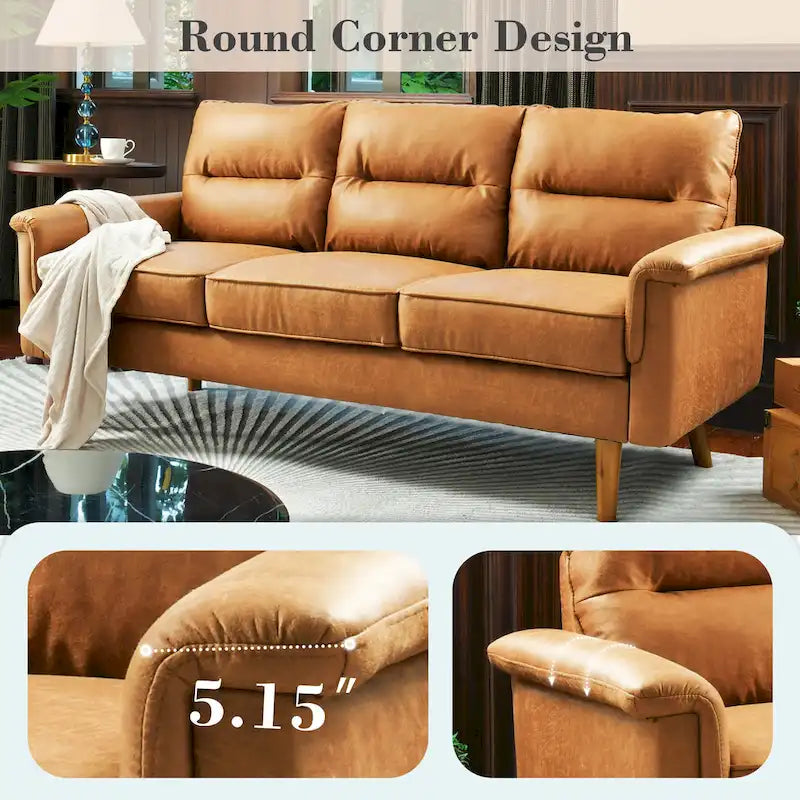 Mid-Century Modern Faux Leather Sofa with Wood Legs