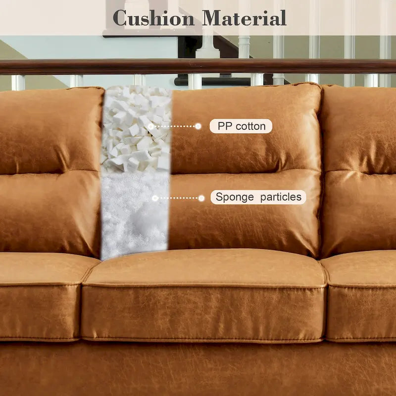 Mid-Century Modern Faux Leather Sofa with Wood Legs