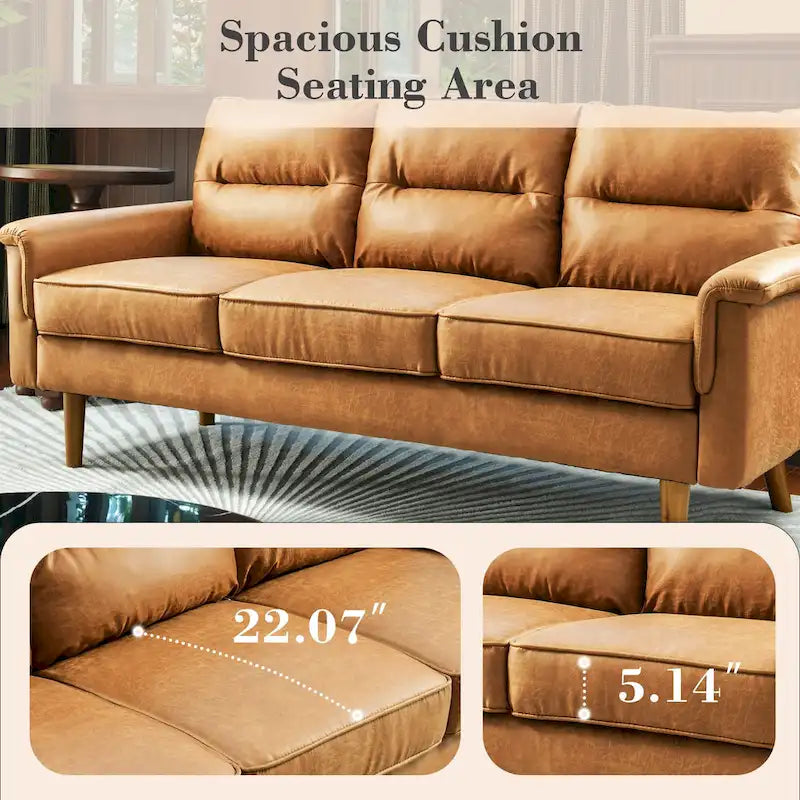 Mid-Century Modern Faux Leather Sofa with Wood Legs