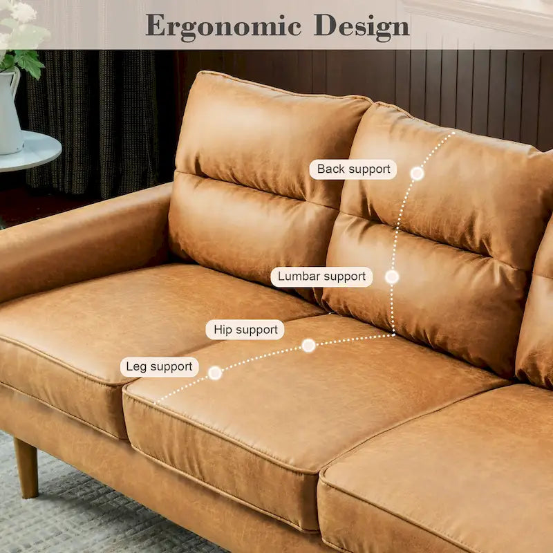 Mid-Century Modern Faux Leather Sofa with Wood Legs
