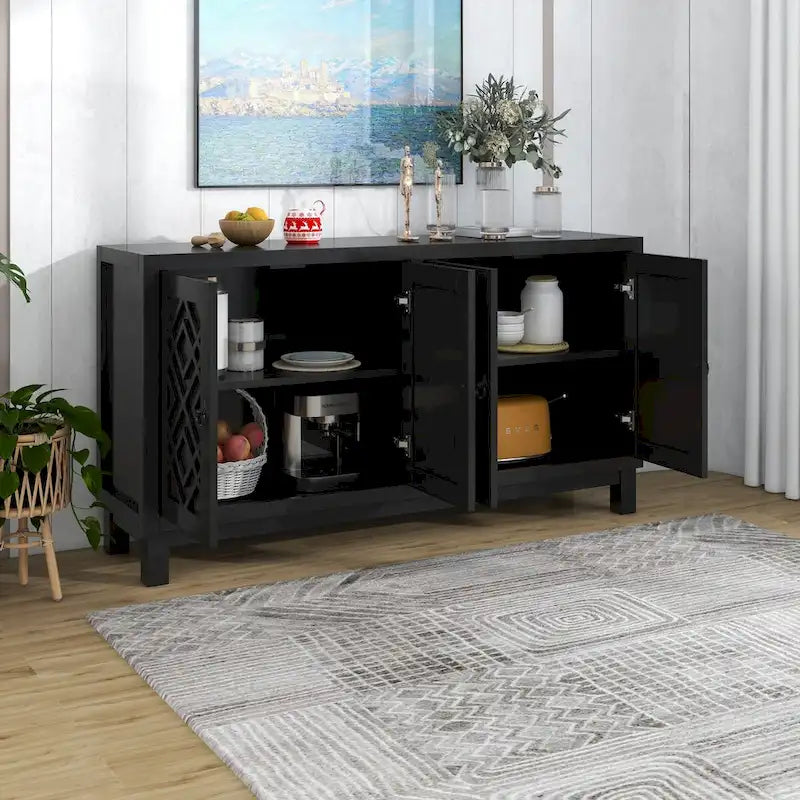 Large Storage Space Sideboard, 4 Door Buffet Cabinet with Pull Ring Handles for Living Room, Dining Room (Navy)