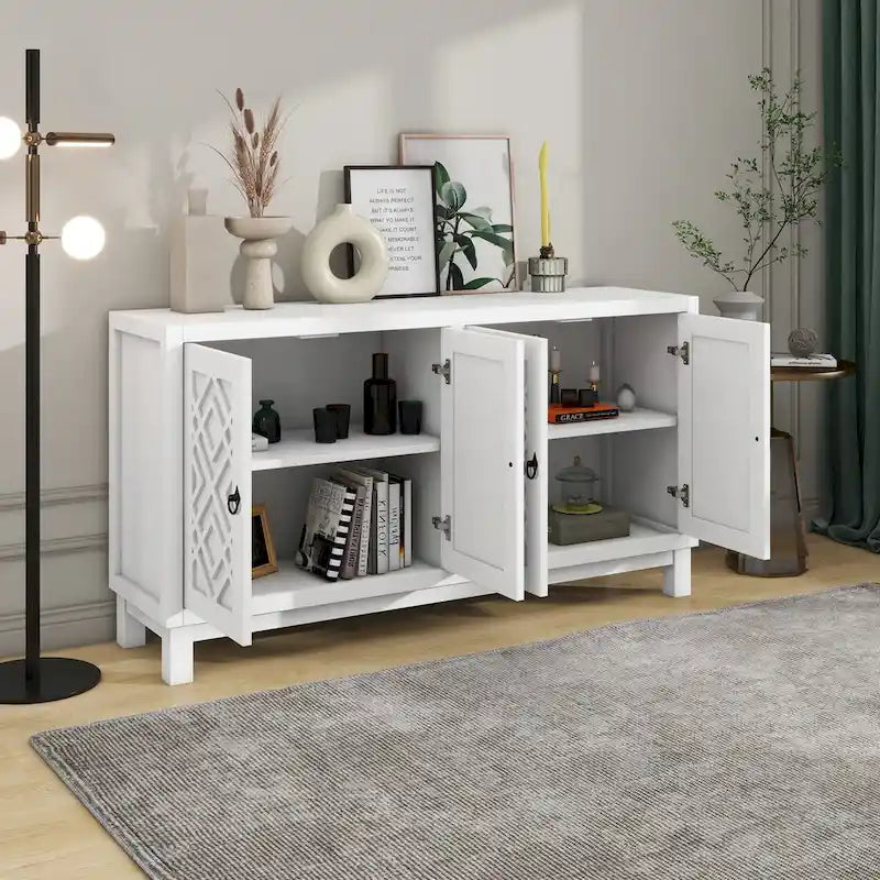 Large Storage Space Sideboard, 4 Door Buffet Cabinet with Pull Ring Handles for Living Room, Dining Room (Navy)