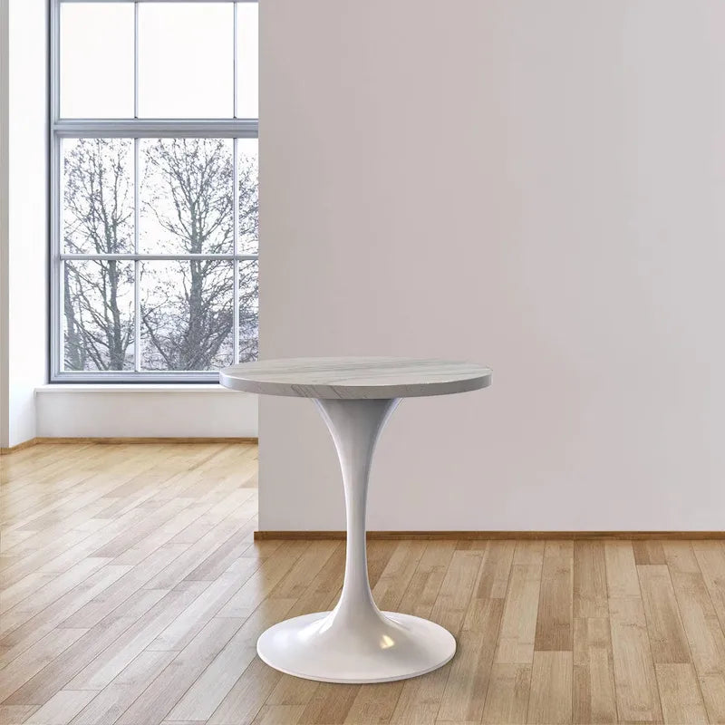 LeisureMod Verve Round Dining Table with White Resin TableTop and White Steel Base for Kitchen & Dining Room