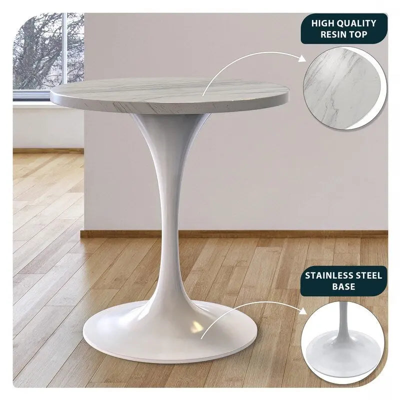 Round Dining Table with White Resin Top and White Steel Base
