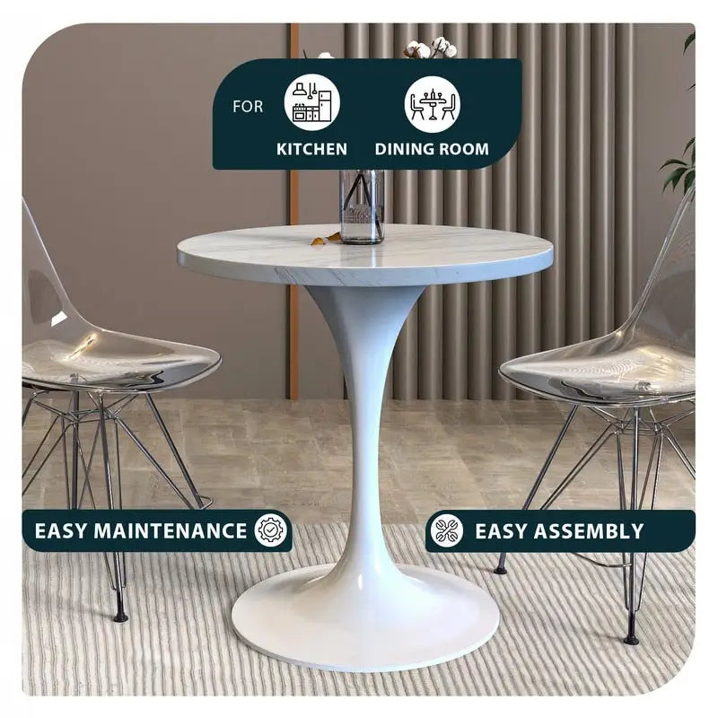 Round Dining Table with White Resin Top and White Steel Base