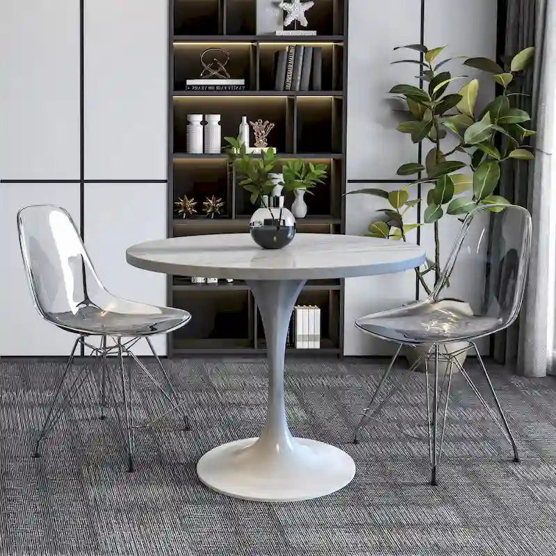 Round Dining Table with White Resin Top and White Steel Base