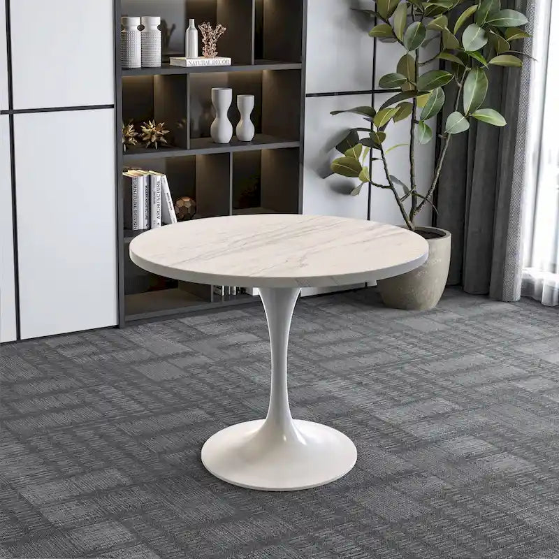 Round Dining Table with White Resin Top and White Steel Base
