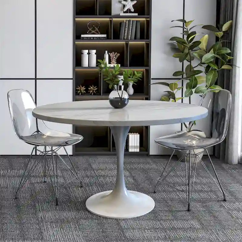Round Dining Table with White Resin Top and White Steel Base