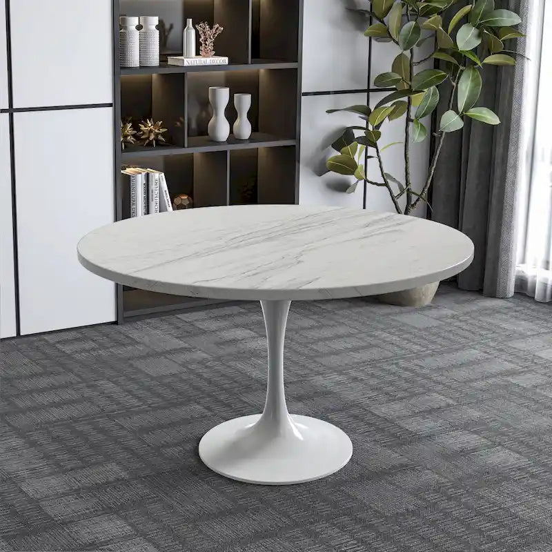 Round Dining Table with White Resin Top and White Steel Base