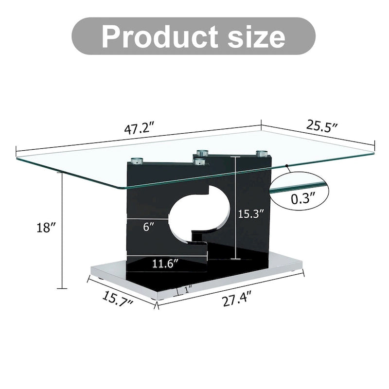 A rectangular modern coffee table with tempered glass tabletop and wooden color MDF legs. Suitable for living room.