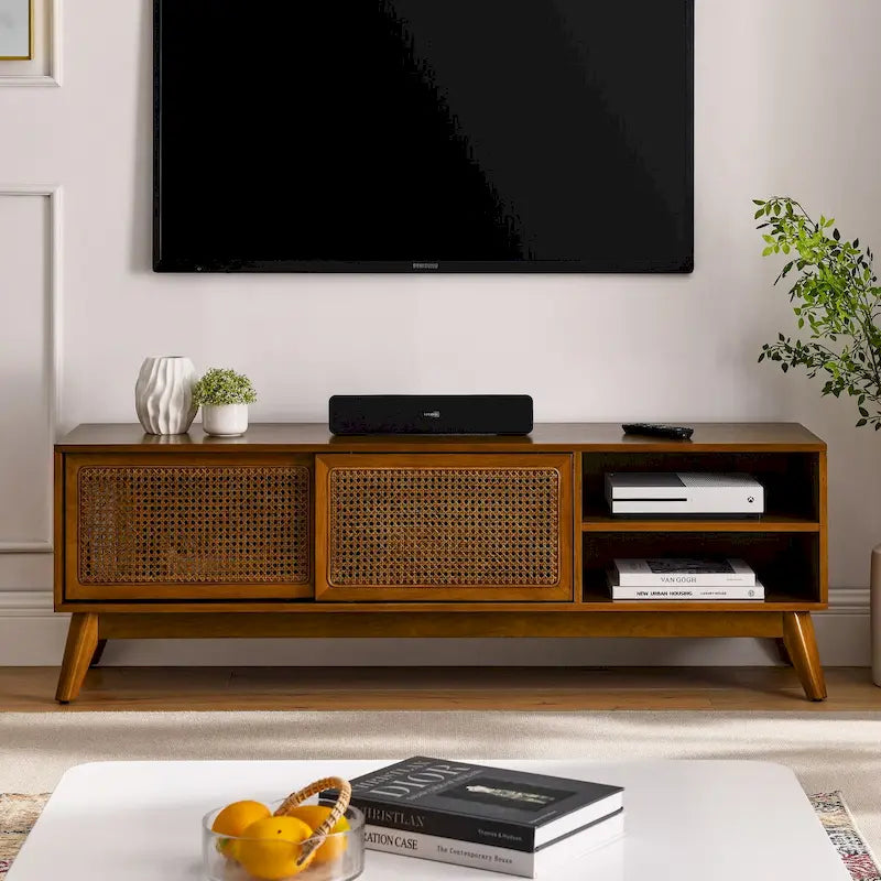 59 Inch Rattan TV Stand for 65 Inch TV,Entertainment Cabinet,Media Console,Solid Wood Feet & Rattan Cabinet Doors - Light Wood