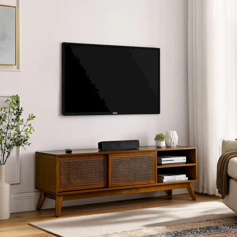 59 Inch Rattan TV Stand for 65 Inch TV,Entertainment Cabinet,Media Console,Solid Wood Feet & Rattan Cabinet Doors - Light Wood
