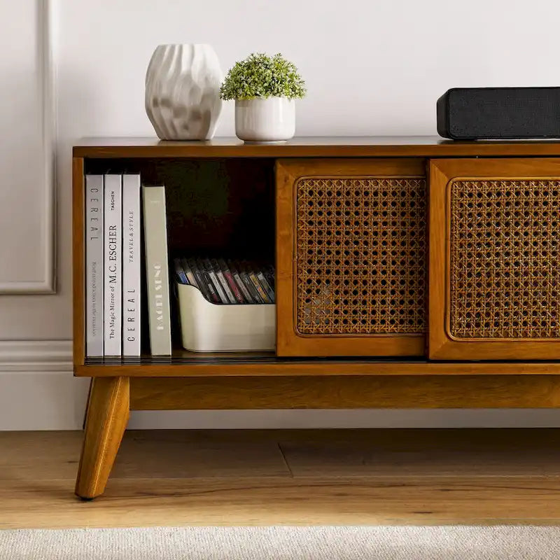 59 Inch Rattan TV Stand for 65 Inch TV,Entertainment Cabinet,Media Console,Solid Wood Feet & Rattan Cabinet Doors - Light Wood